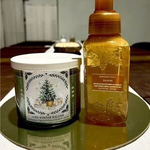 Bath & Body Works Iced Winter Balsam Candle and Leaves Hand Soap Set